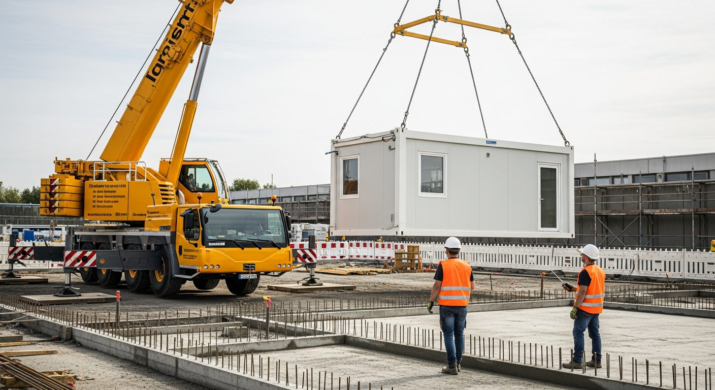 Mobilkran setzt einen modernen Laborcontainer auf ein vorbereitetes Streifenfundament aus Stahlbeton – Aufstellung nach DIN EN 1997 und DGUV Vorschrift 52