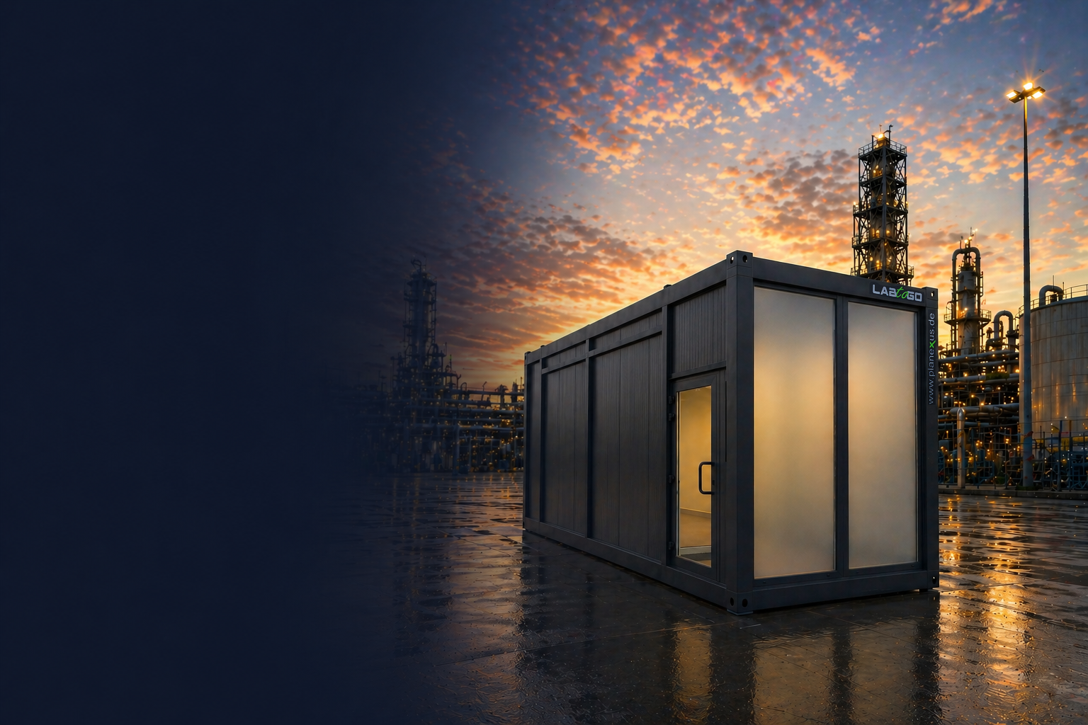 LABtoGO von Planexus im industriellen Einsatz – mobiler Laborcontainer auf einem Petrochemie-Standort bei Abendstimmung, vollverglaste Front, RAL 7016 Anthrazit